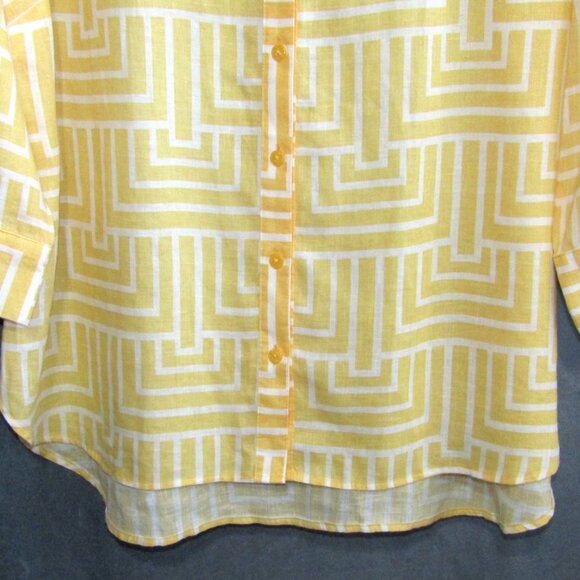 Chicos No Iron Linen Button Up Top Size L 2 Yellow White Geometric 3/4 Sleeve - Picture 3 of 8